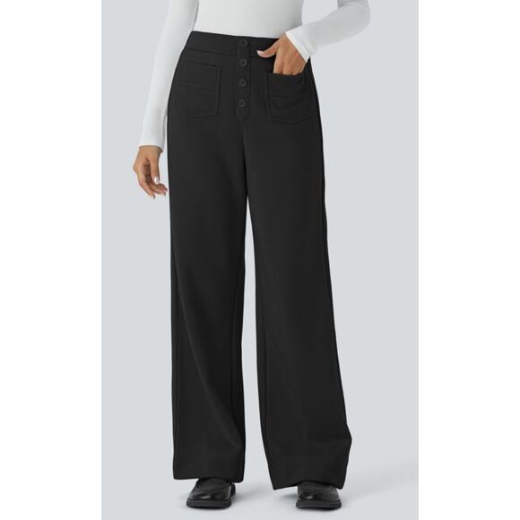 High Waisted Button Multiple Pockets Straight Leg Fleece Pants Size LARGE - Picture 1 of 8